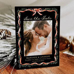 Elegantes Red Ribbon Greenery Foto Save the Date Folieneinladung