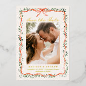 Elegantes Red Ribbon Greenery Foto Save the Date Folieneinladung (Vorderseite)