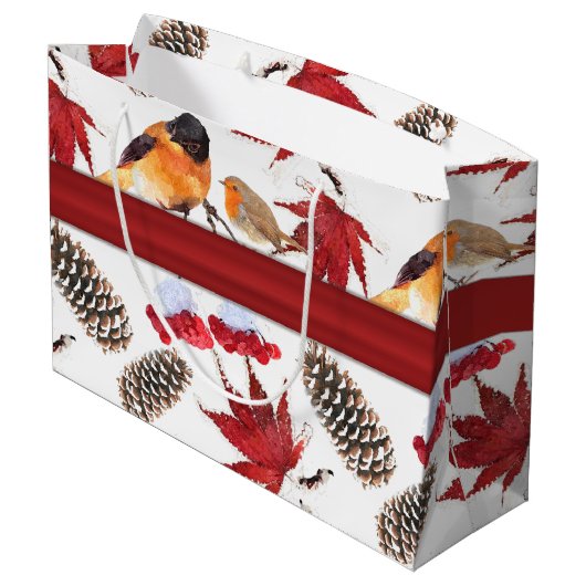 Elegantes Red Ribbon Watercolor Wintermuster Große Geschenktüte (Rückseite Schrägansicht)