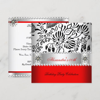 Elegantes Red Schwarz-weiß Damask Pearl Party Einladung