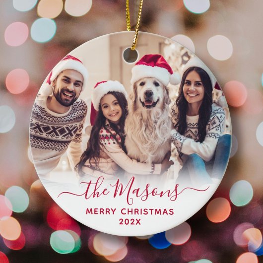 Elegantes Red Script Family Foto Frohe Weihnachten Keramik Ornament