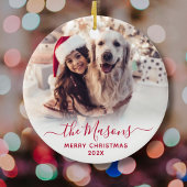 Elegantes Red Script Family Foto Frohe Weihnachten Keramik Ornament
