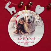 Elegantes Red Script Family Foto Frohe Weihnachten Keramik Ornament