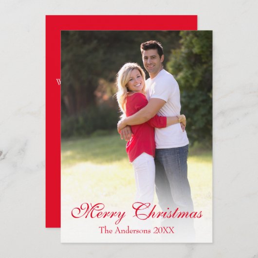 Elegantes Red Script Foto Frohe Weihnachten (Vorne/Hinten)