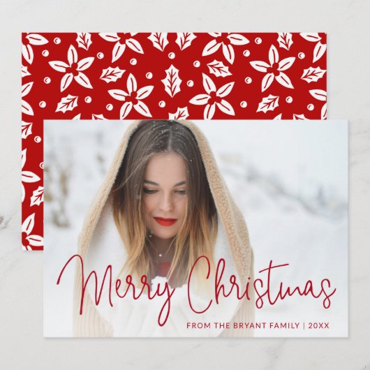 Elegantes Red Script Foto Frohe Weihnachten (Vorne/Hinten)