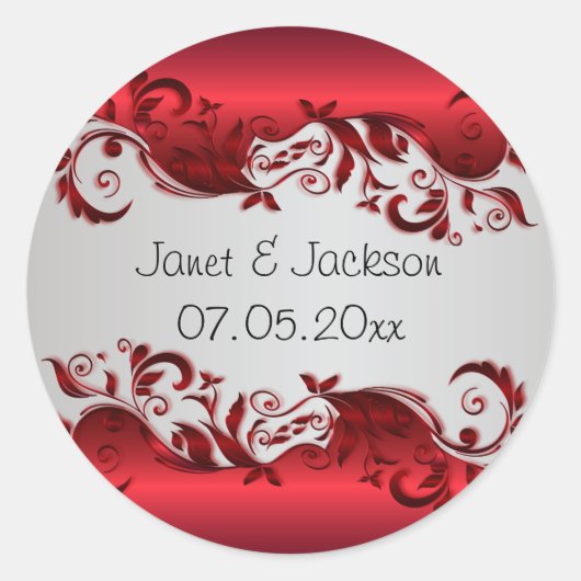 Elegantes Red & Silver Florid Wedding Design Runder Aufkleber (Vorderseite)