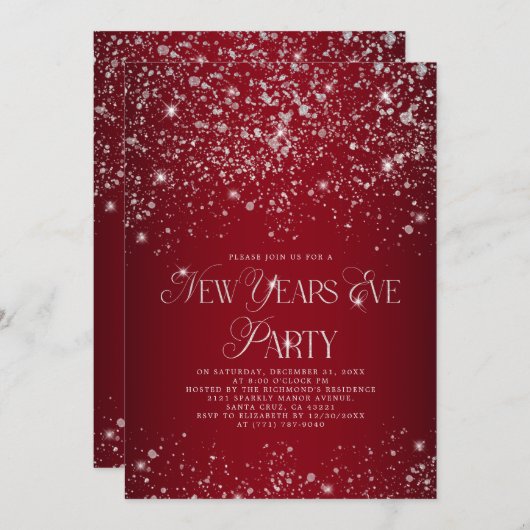 Elegantes Red Silver Glitzer Silvester Party Einladung (Vorne/Hinten)