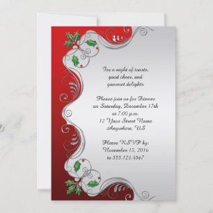 Elegantes Red Silver Green Holly Weihnachts-Party Einladung