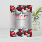 Elegantes Red Silver Hearts Valentine's Day Party Einladung (Stehend Vorderseite)