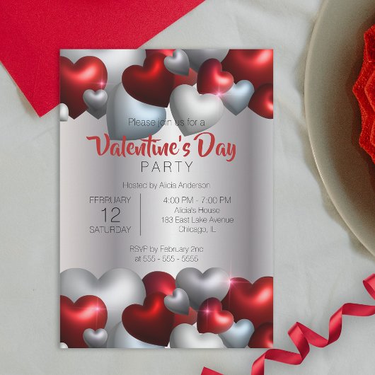 Elegantes Red Silver Hearts Valentine's Day Party Einladung