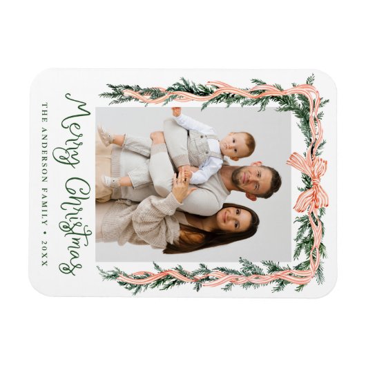 Elegantes Red Striped Bow Greenery Holiday Foto Magnet (Horizontal)