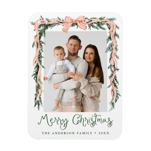 Elegantes Red Striped Bow Greenery Holiday Foto Magnet (Vertikal)