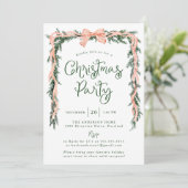 Elegantes Red Striped Bow Greenery Weihnachtsfest Einladung (Stehend Vorderseite)