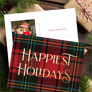 Elegantes Red Tartan Christmas Foto Gold Folien Feiertagspostkarte
