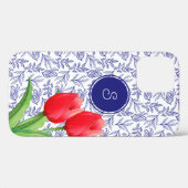 Elegantes Red Tulips Spring Floral Blue Monogram Case-Mate iPhone Hülle (Rückseite (Horizontal))