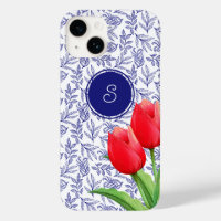Elegantes Red Tulips Spring Floral Blue Monogram