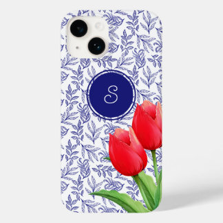 Elegantes Red Tulips Spring Floral Blue Monogram Case-Mate iPhone 14 Hülle