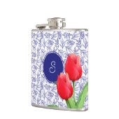 Elegantes Red Tulips Spring Floral Blue Monogram Flachmann (Links)