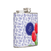 Elegantes Red Tulips Spring Floral Blue Monogram Flachmann (Rechts)
