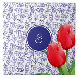 Elegantes Red Tulips Spring Floral Blue Monogram Fliese