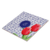 Elegantes Red Tulips Spring Floral Blue Monogram Fliese (Seite)