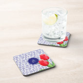 Elegantes Red Tulips Spring Floral Blue Monogram Getränkeuntersetzer (Rechte Seite)