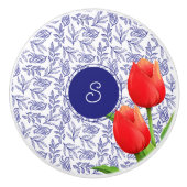 Elegantes Red Tulips Spring Floral Blue Monogram Keramikknauf (Vorderseite)