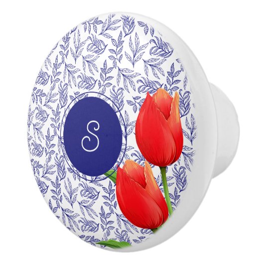 Elegantes Red Tulips Spring Floral Blue Monogram Keramikknauf (Rechts)