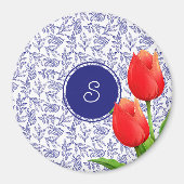 Elegantes Red Tulips Spring Floral Blue Monogram Magnet (Vorne)
