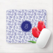 Elegantes Red Tulips Spring Floral Blue Monogram Mousepad (Mit Mouse)
