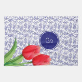 Elegantes Red Tulips Spring Floral Blue Monogram N Geschirrtuch (Horizontal)