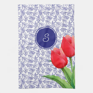 Elegantes Red Tulips Spring Floral Blue Monogram N Geschirrtuch
