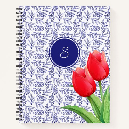 Elegantes Red Tulips Spring Floral Blue Monogram Notizblock (Vorderseite)