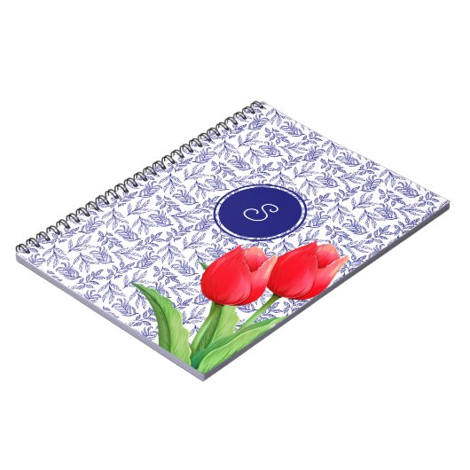 Elegantes Red Tulips Spring Floral Blue Monogram Notizblock (Linke Seite)