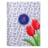 Elegantes Red Tulips Spring Floral Blue Monogram Notizblock (Vorderseite)