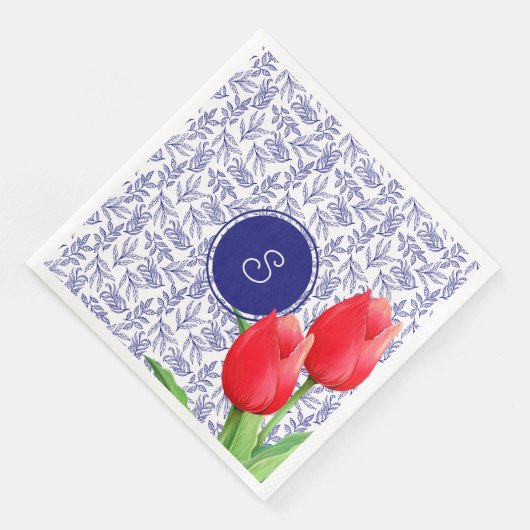 Elegantes Red Tulips Spring Floral Blue Monogram Serviette (Ecke)