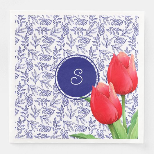 Elegantes Red Tulips Spring Floral Blue Monogram Serviette (Vorderseite)