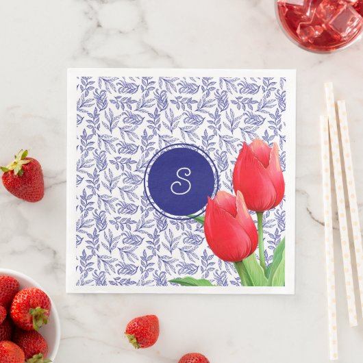 Elegantes Red Tulips Spring Floral Blue Monogram Serviette