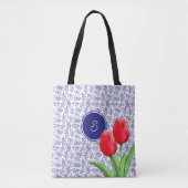 Elegantes Red Tulips Spring Floral Blue Monogram Tasche (Vorderseite)