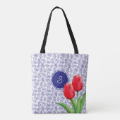 Elegantes Red Tulips Spring Floral Blue Monogram Tasche (Rückseite)