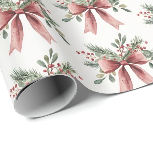 Elegantes Red Watercolor Holly Bow Muster Weihnach Geschenkpapier (Rolleneckpunkt)