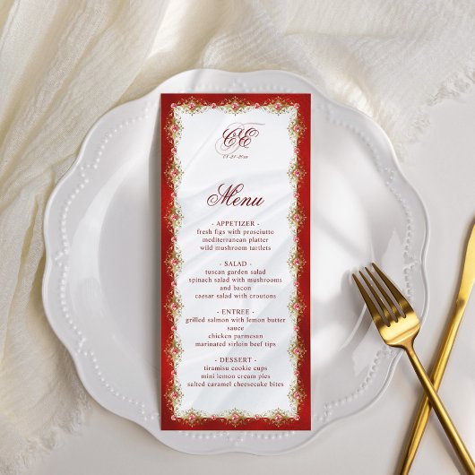 Elegantes Red White Gold Monogram Wedding Menu Menükarte