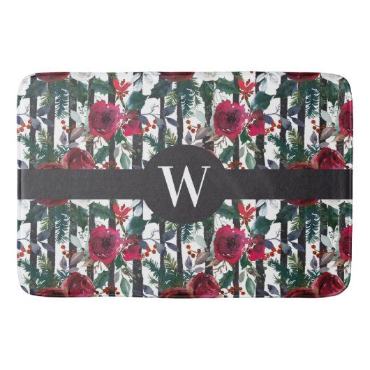 Elegantes Red Winter Rose Black Stripe Muster Badematte (Vorderseite)