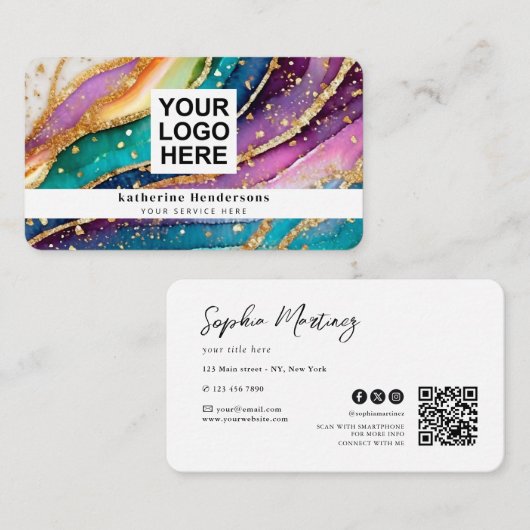 Elegantes Regenbogen-Achat-Gold-Glitter & QR-Code- Visitenkarte (Vorne/Hinten)