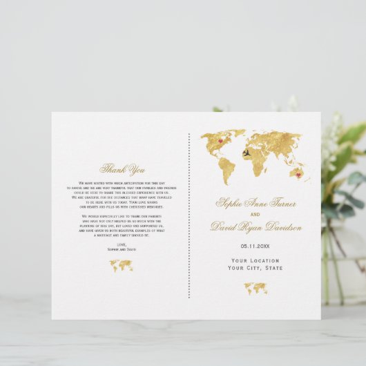 Elegantes Reise Gold Weltkarte Hochzeitsprogramm (Stehend Vorderseite)