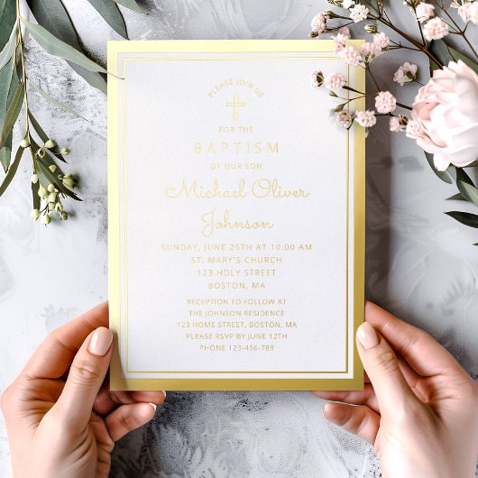 Elegantes religiöses Cross Script Taufe Gold Folieneinladung