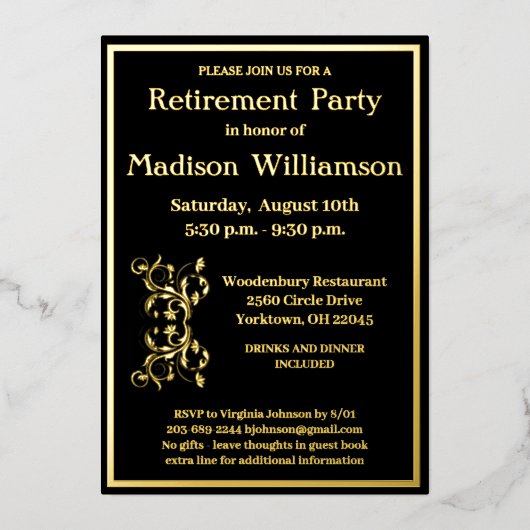 Elegantes Rente Party Black REAL Gold Folieneinladung (Vorderseite)