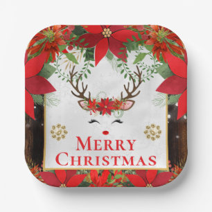Elegantes Rentier Weihnachtsstern Frohe Weihnachte Pappteller