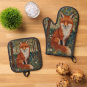 Elegantes Retro-boho rotes Foxenwaldtier Ofenhandschuh & Topflappen-Set (Oben Unten)