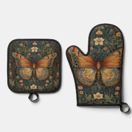 Elegantes Retro-Boho Schmetterling botanisches Grü Ofenhandschuh & Topflappen-Set